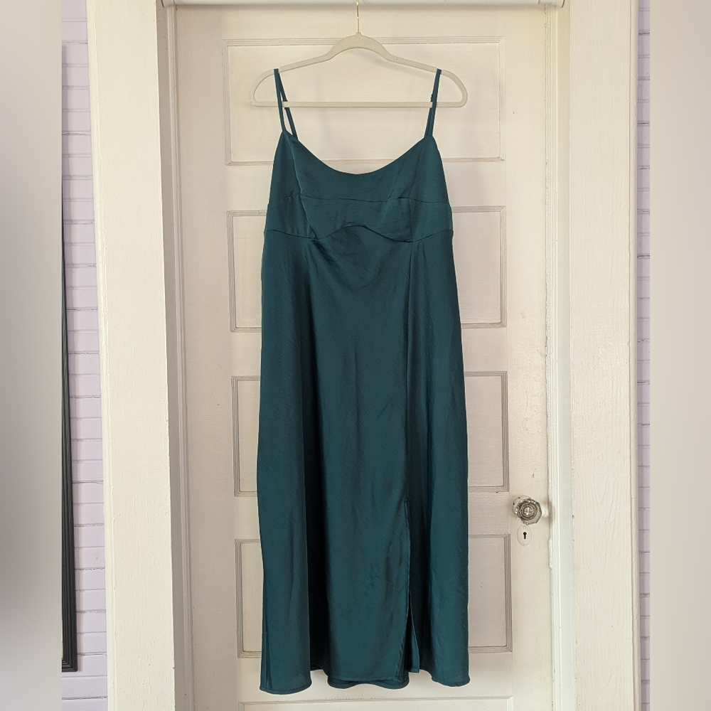 Satin Emerald Green Midi Dress with Thigh Slit